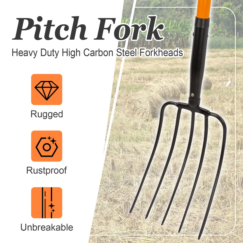 Nohovu pitchfork head close-up highlighting carbon steel tines and rust-resistant coating benefit