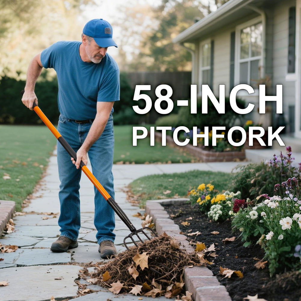 Nohovu pitchfork in use lifting mulch to speed yard work and reduce passes benefit