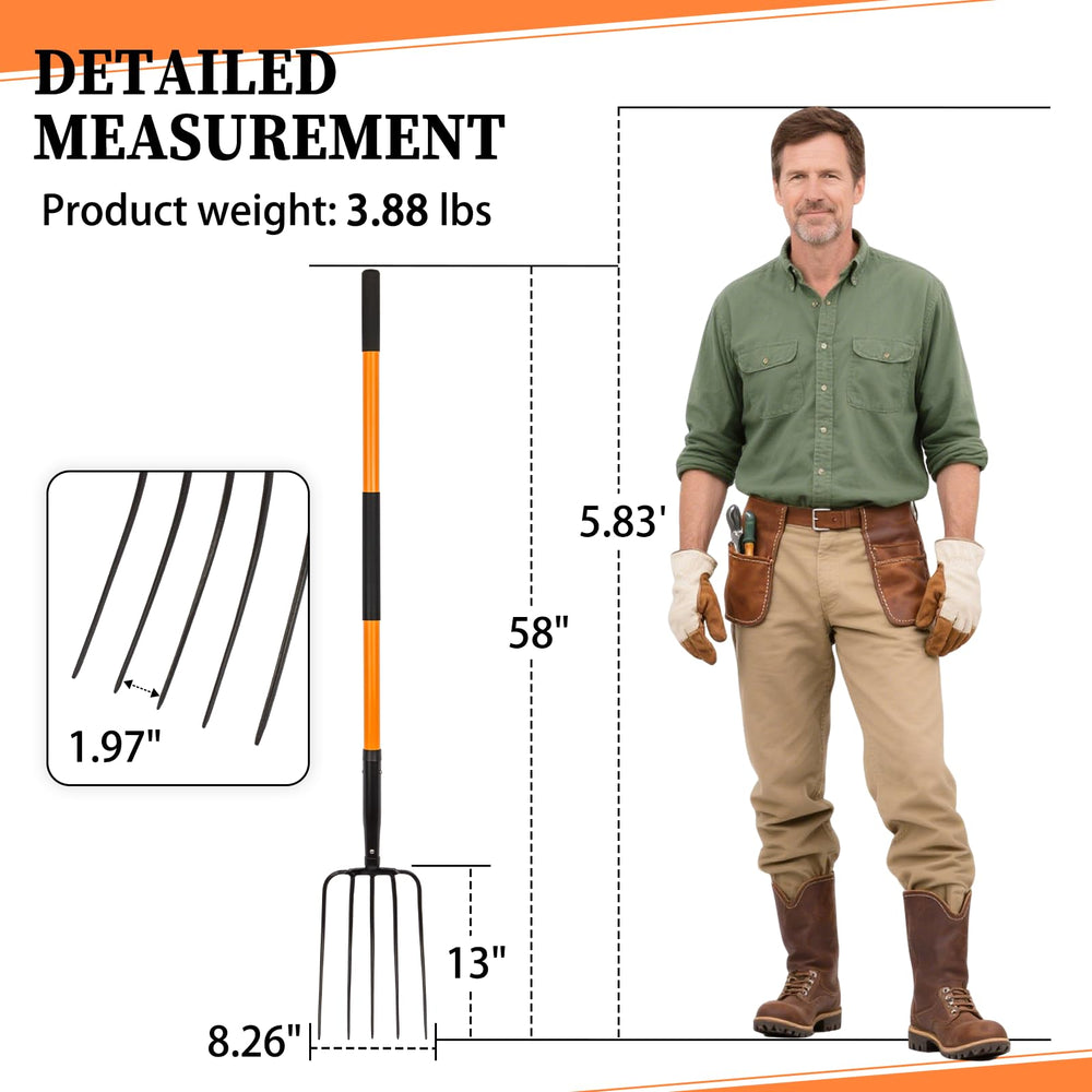 Nohovu pitchfork placed in garden landscape conveying professional utility and reliable performance benefit