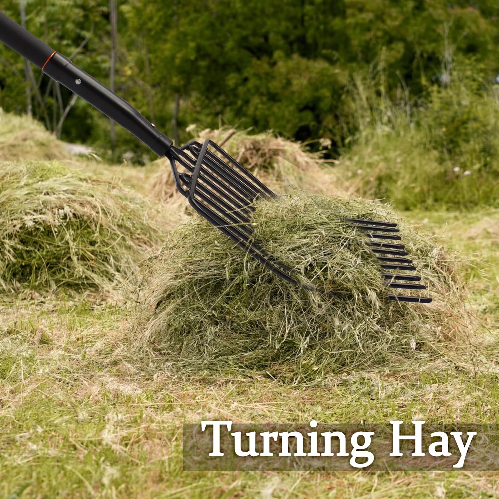 Nohovu pitchfork beside wheelbarrow for scale, moves larger volume per lift