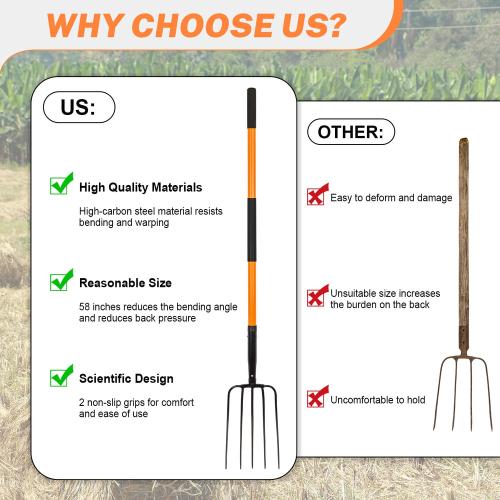 Nohovu pitchfork next to yard tools for scale, showing 58-inch reach to reduce bending benefit