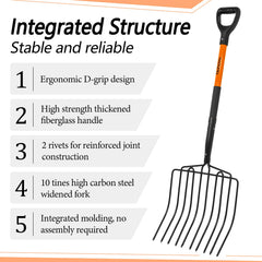 Nohovu close-up of 10 sharp tines, precise penetration for compost and mulch