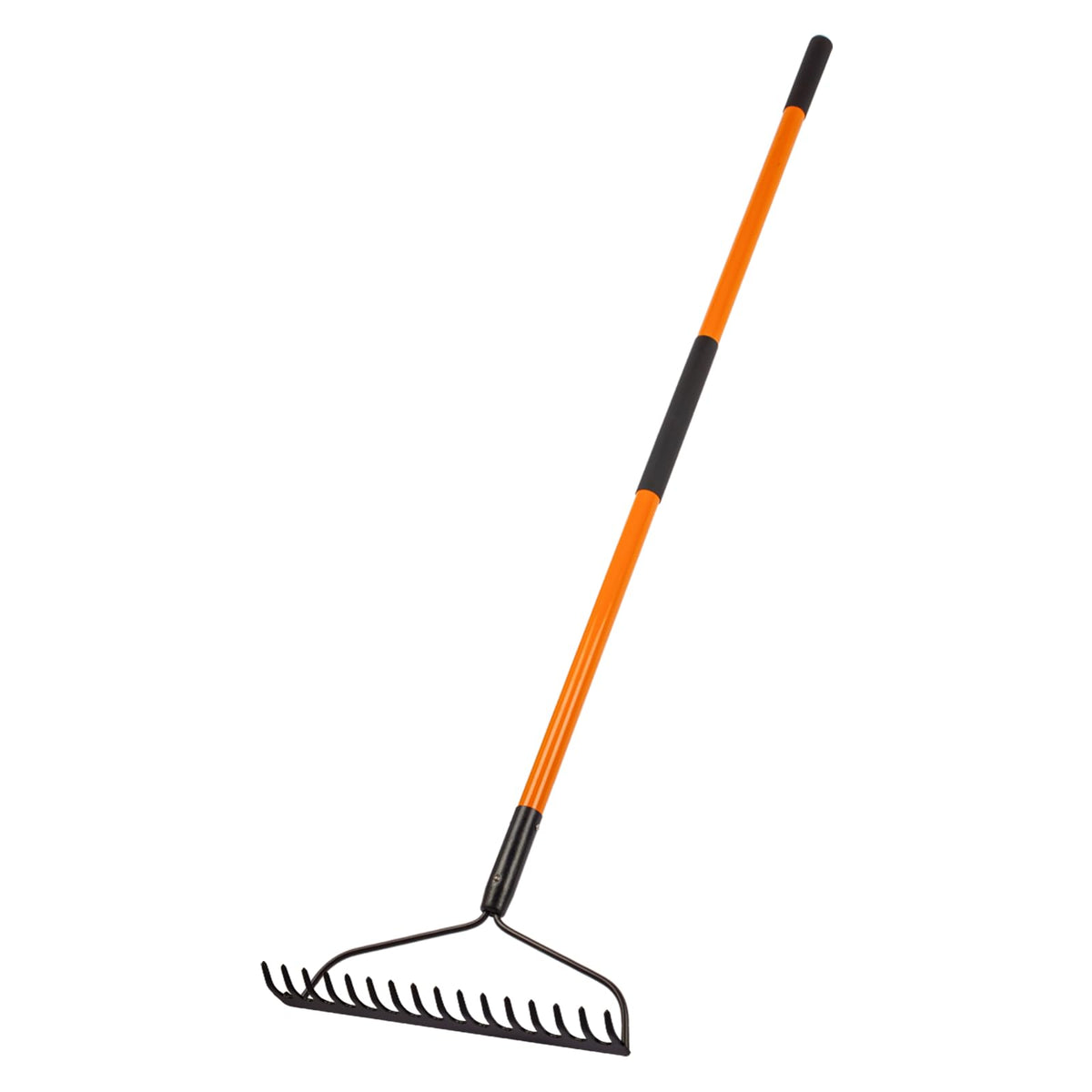 Nohovu rake front view showing wide 14-tine head and rust-resistant finish for efficient coverage