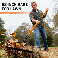 Nohovu rake in use smoothing soil and removing debris to speed garden prep and reduce bending