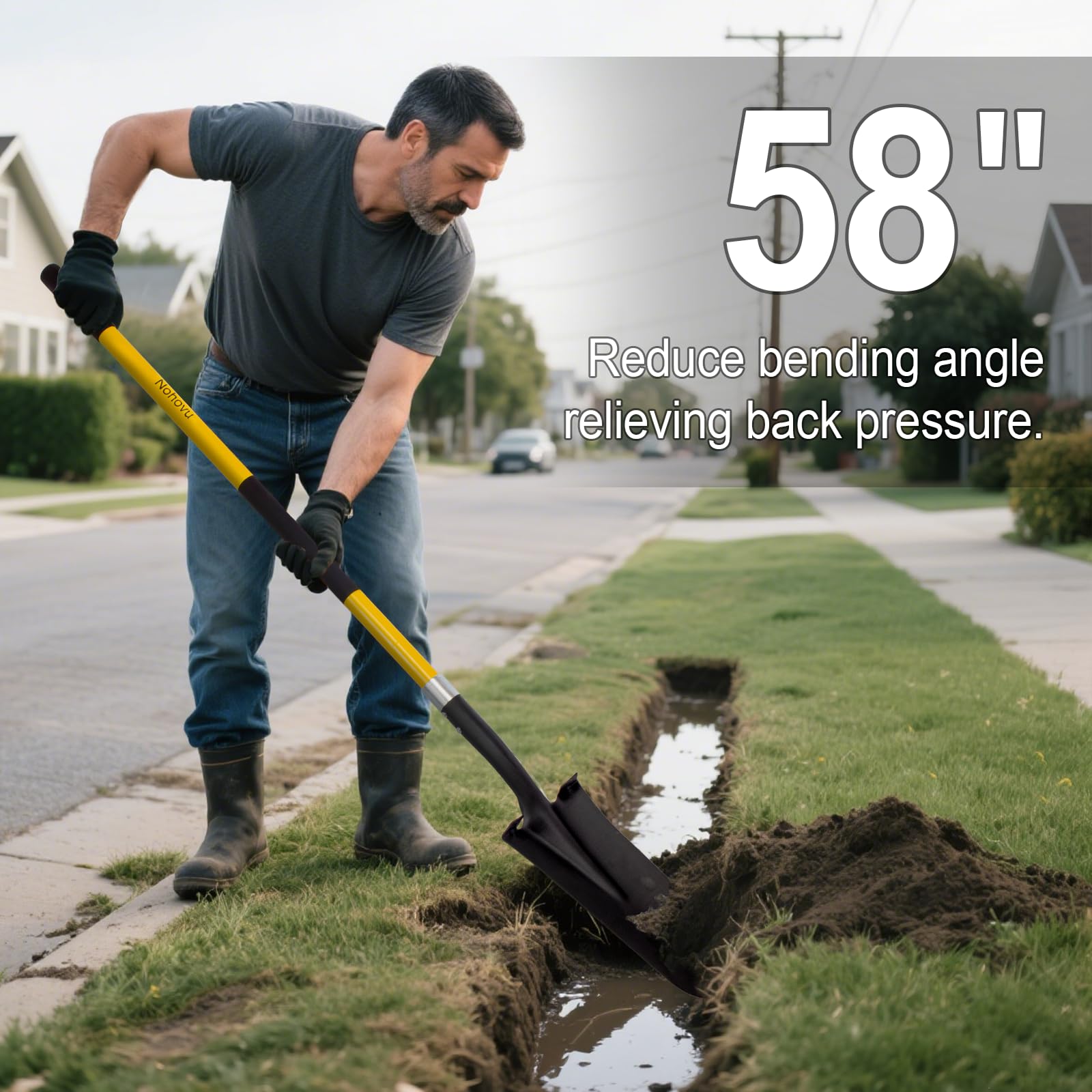 Nohovu shovel beside measuring tape showing 58-inch length for leverage