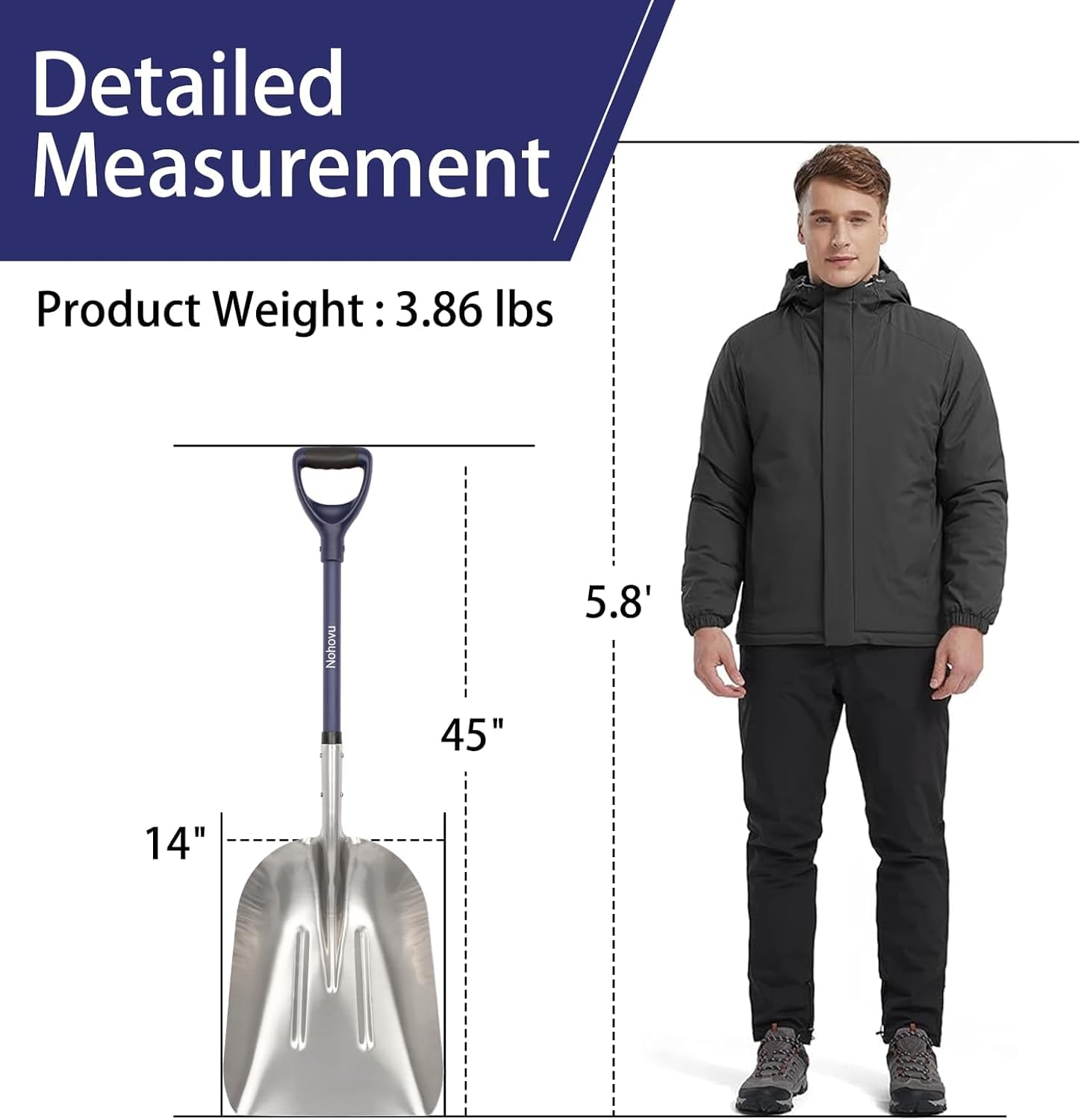 Nohovu shovel next to a foot for scale to illustrate its comfortable reach