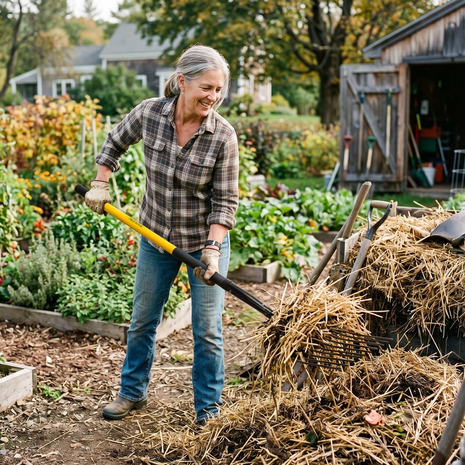 Nohovu pitchfork leaned beside person showing 56-inch length for ergonomic reach