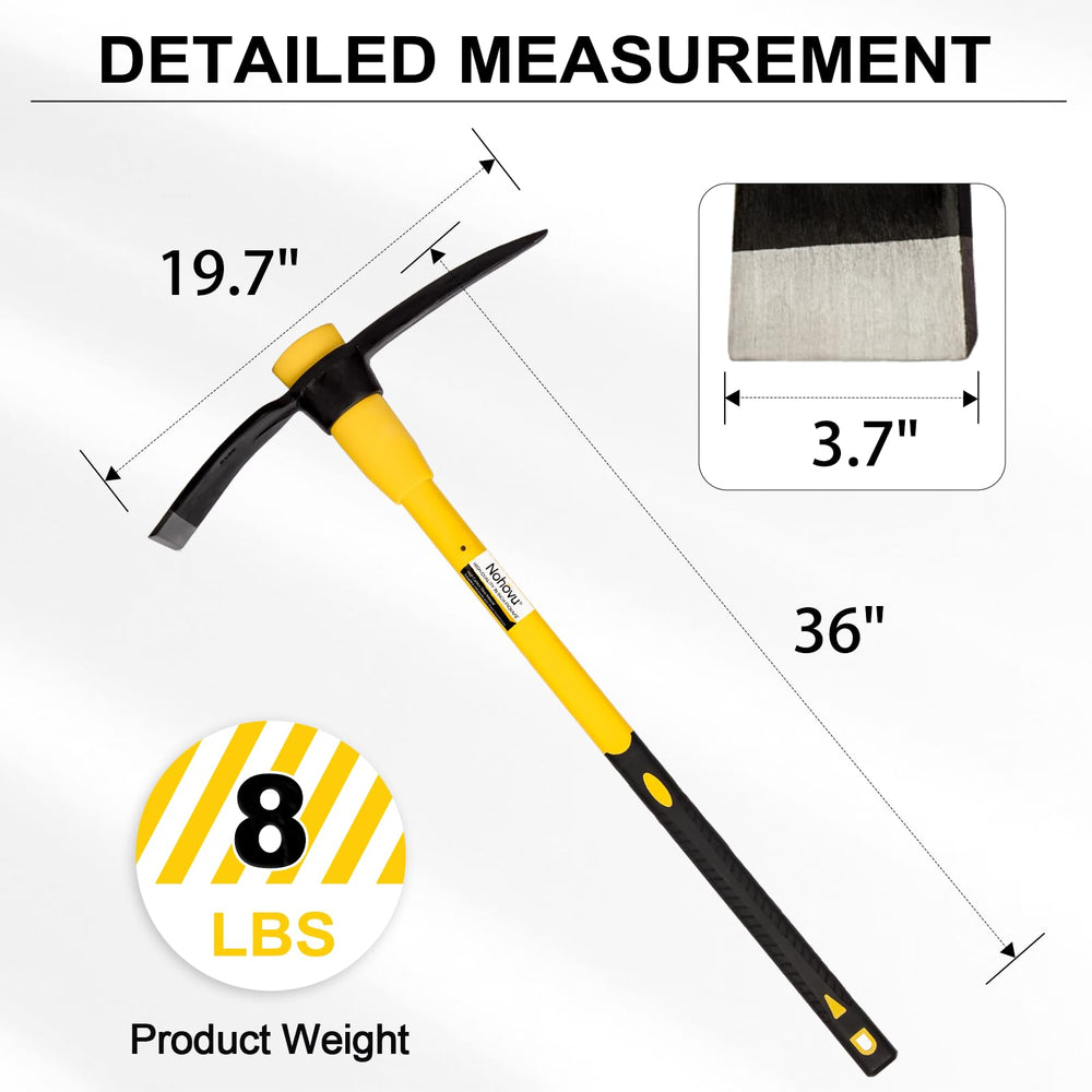 Nohovu pickaxe next to yard rake illustrating full 36-inch scale