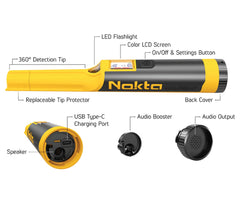 NOKTA AccuPOINT color LCD closeup displaying battery and sensitivity for quick checks
