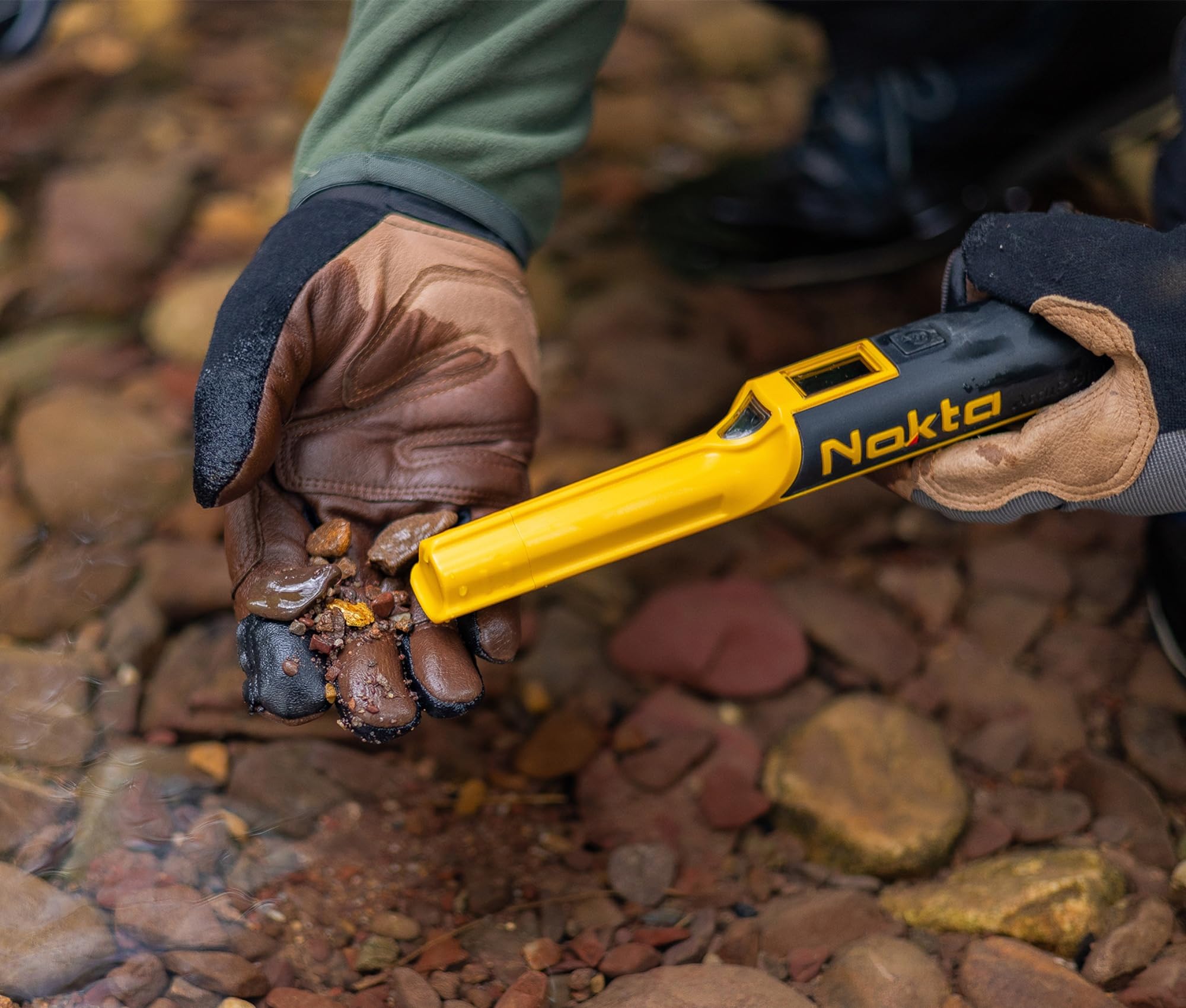NOKTA AccuPOINT on a beach in use showing rugged build and effective field performance