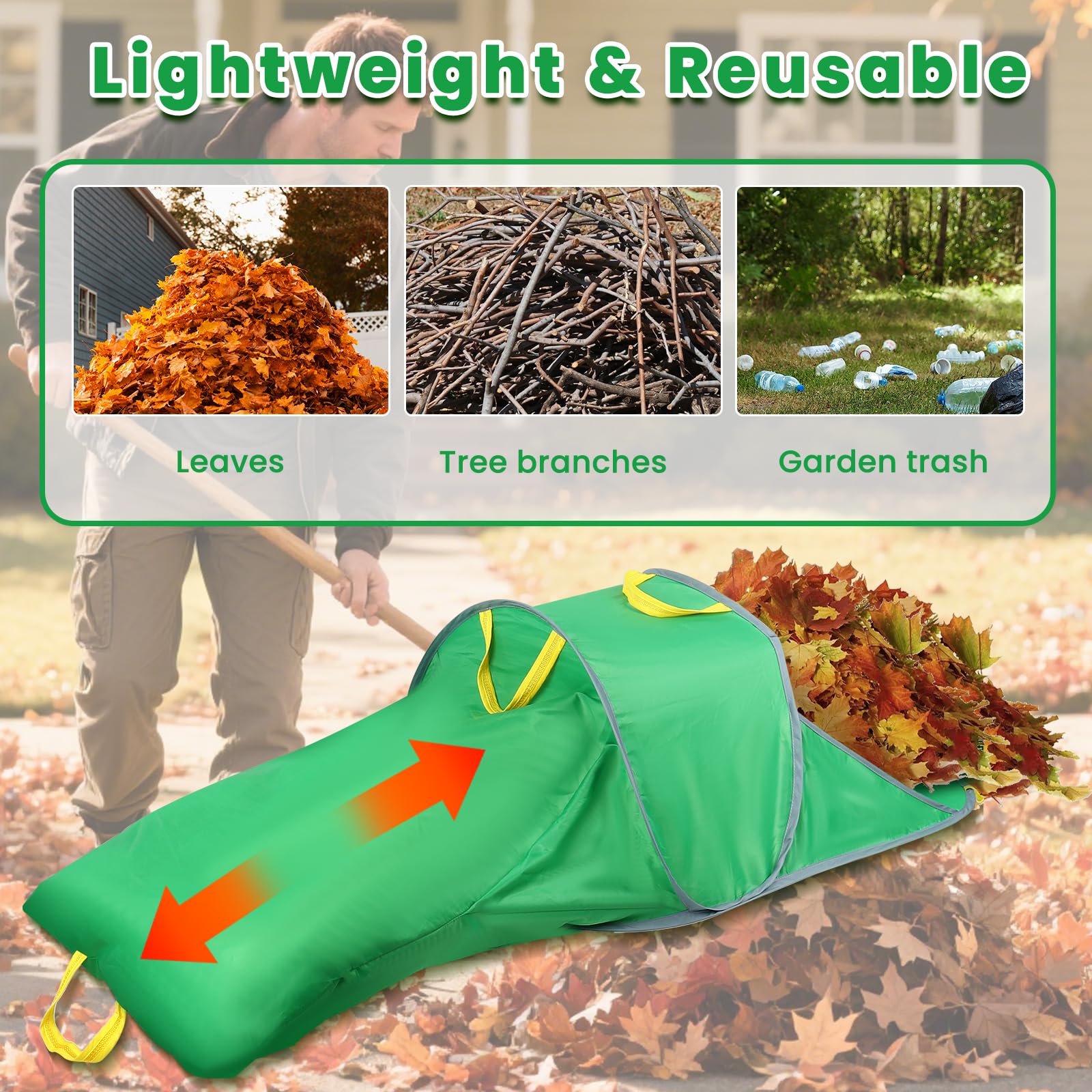 nomanak in use scooping leaves for faster yard cleanup