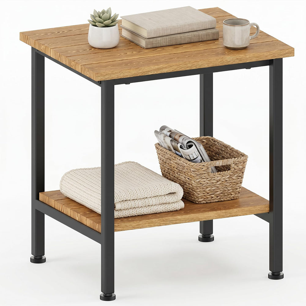 NOMISPADVIC brown side table front view showing compact wood-look design and stability