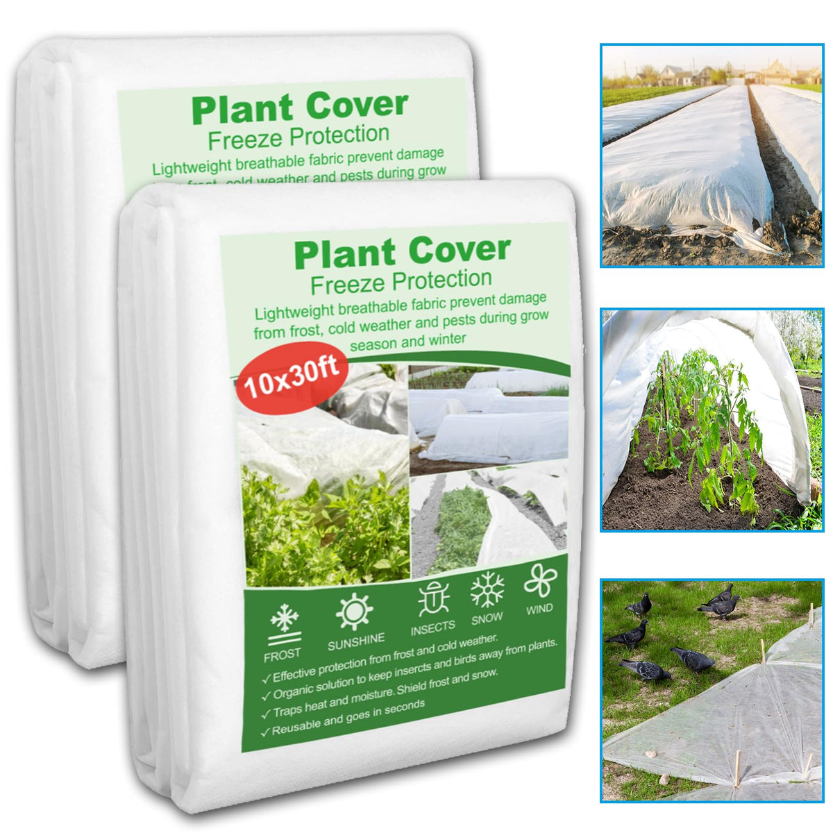NONMON front view of two 10x30ft frost cloth packs showing coverage