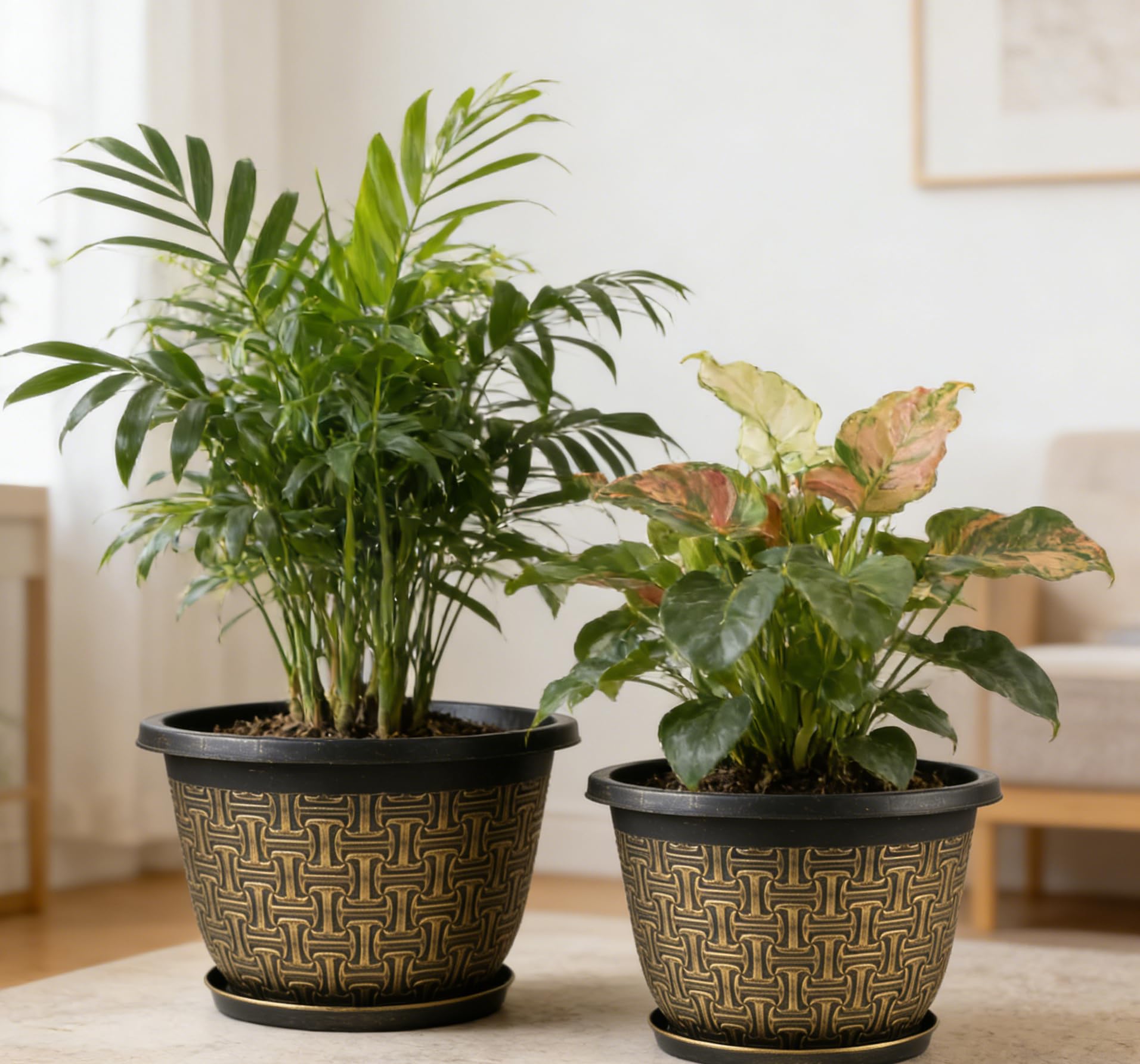 Nooulap pots on a patio with plants, weather-resistant outdoor styling benefit