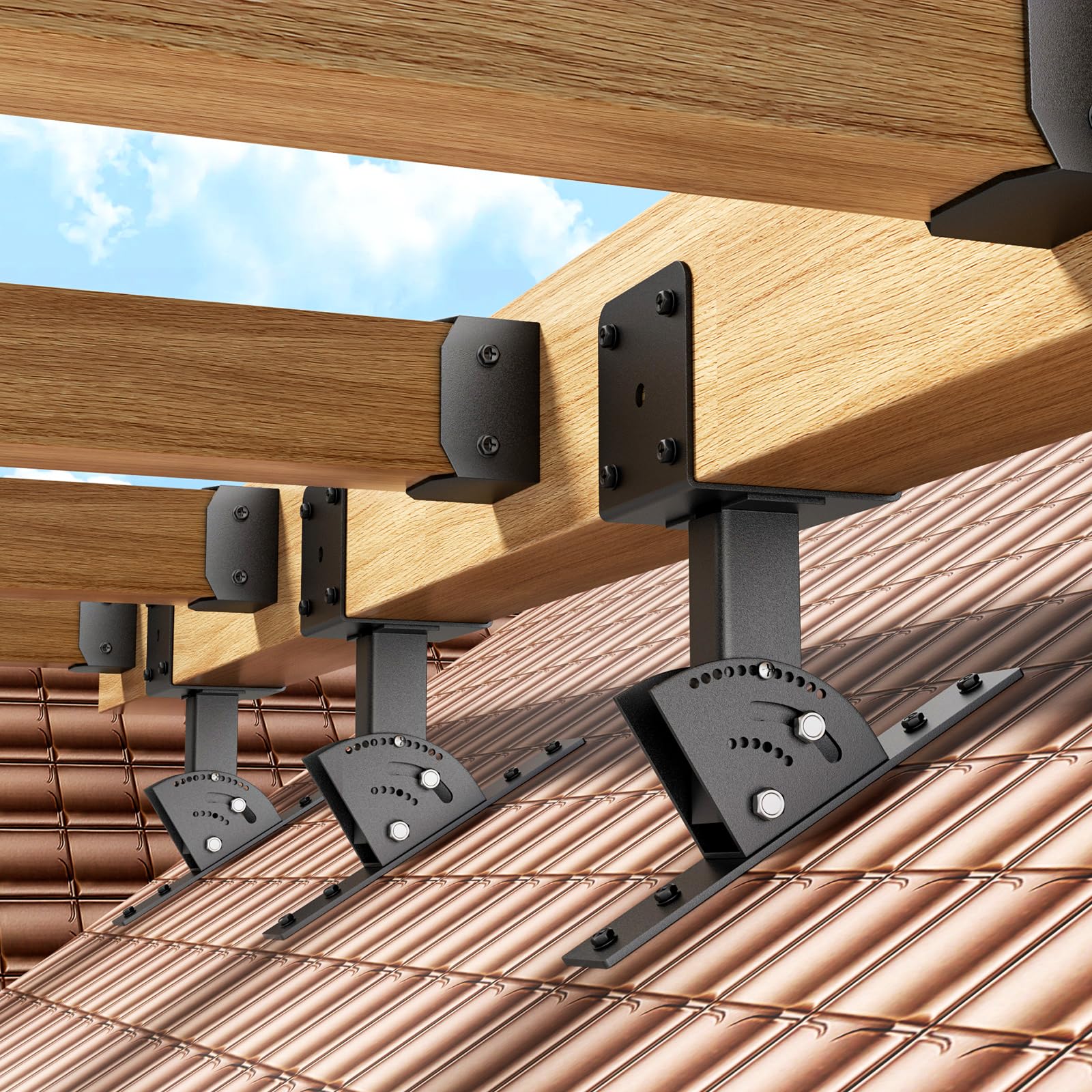 Nopwer bracket holding a 4x6 beam installed to a rafter, demonstrating strong secure support
