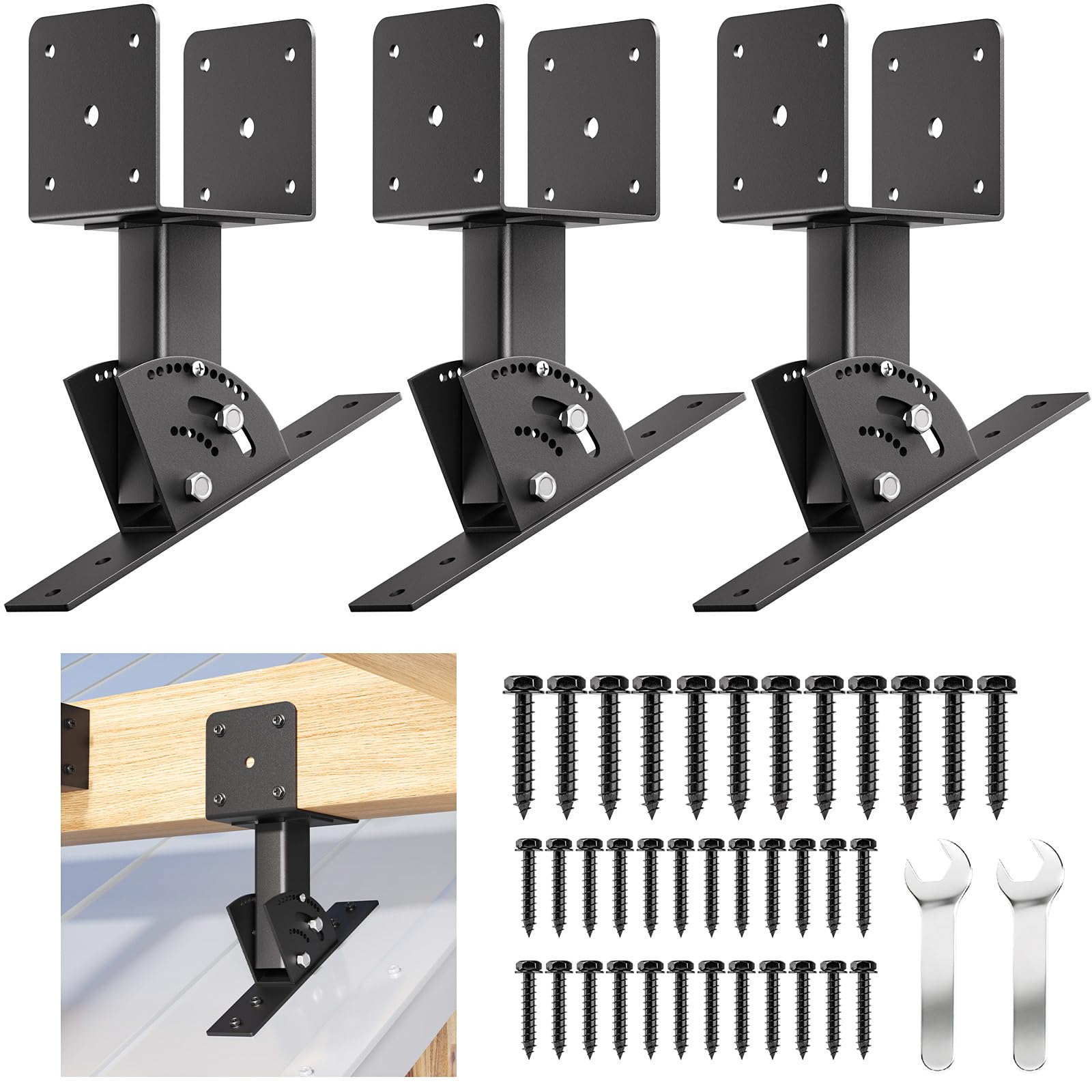 Nopwer front view of three-piece bracket kit showing hardware and packaging, clear identification benefit
