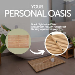 NORDIC STYLE TEAK mat inside shower demonstrating water resistance and drainage