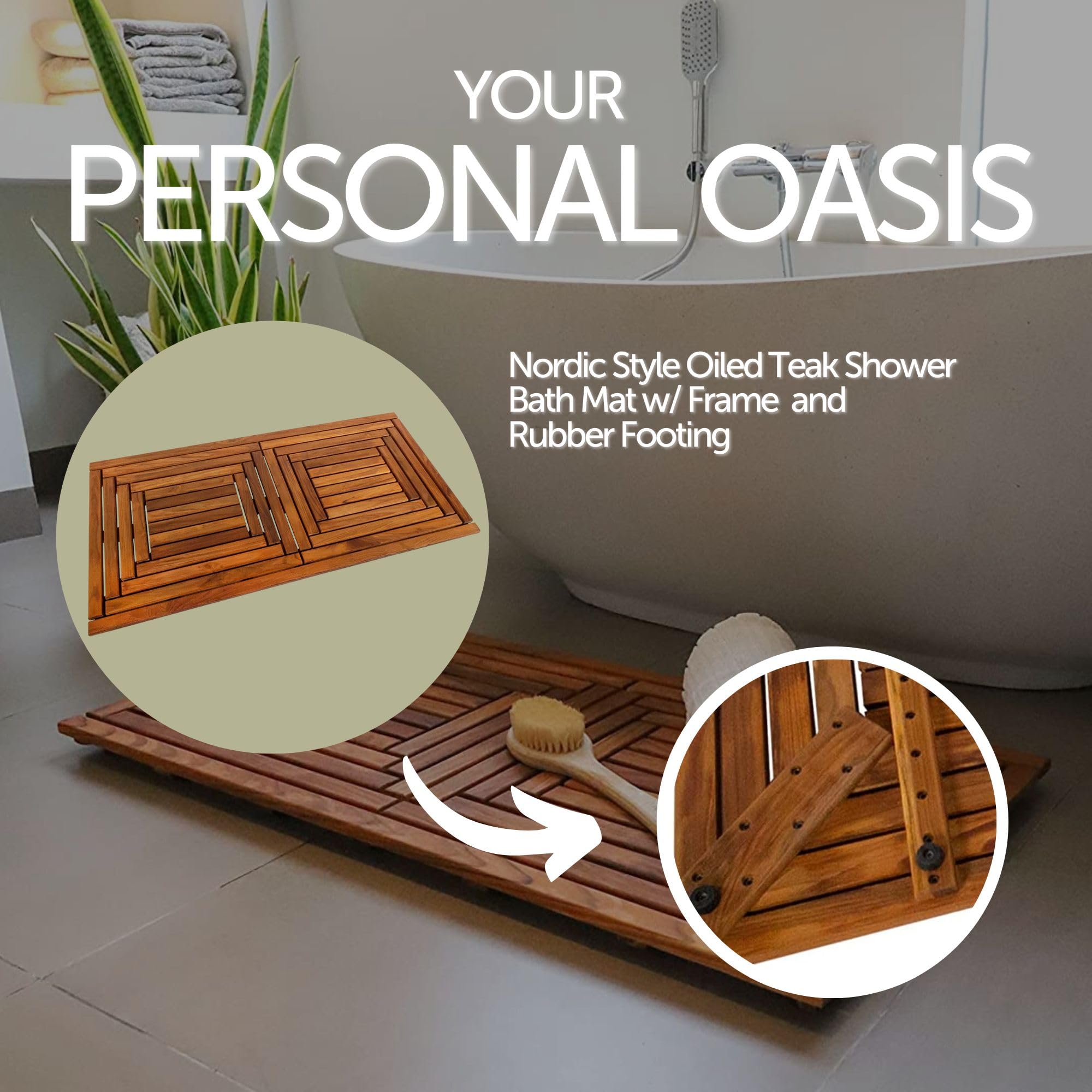 NORDIC STYLE TEAK underside rubber feet detail, provides secure non-slip benefit