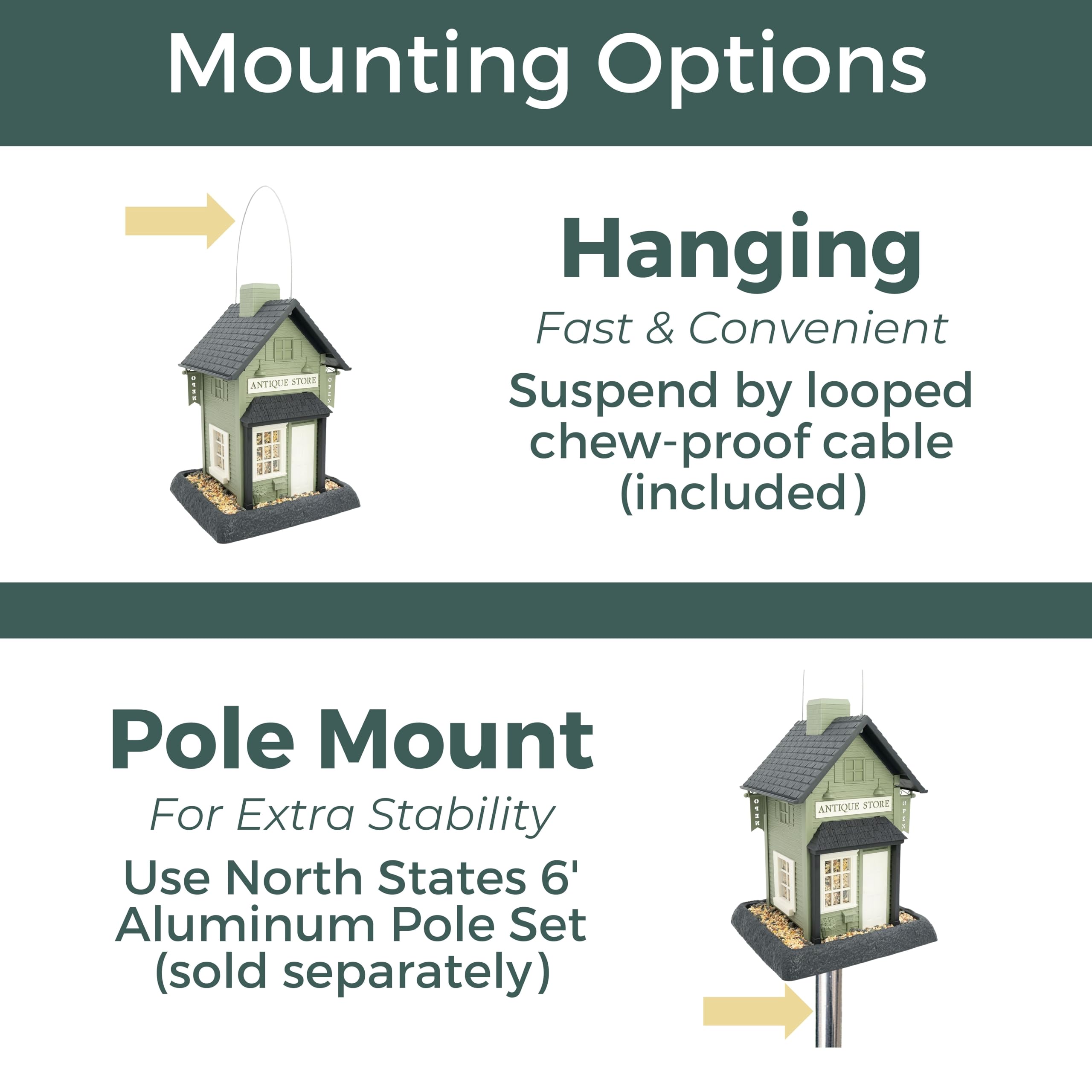 North States feeder hanging in garden showing secure chew-proof cable mounting