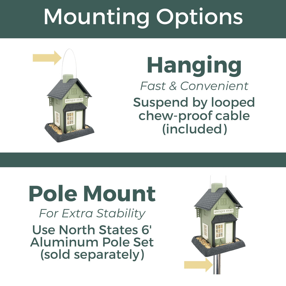 North States feeder hanging in garden showing secure chew-proof cable mounting