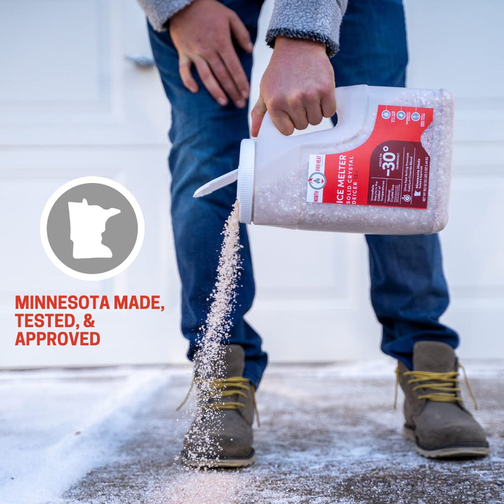 Northern Salt applied on driveway melting ice fast demonstrating quick thaw benefit