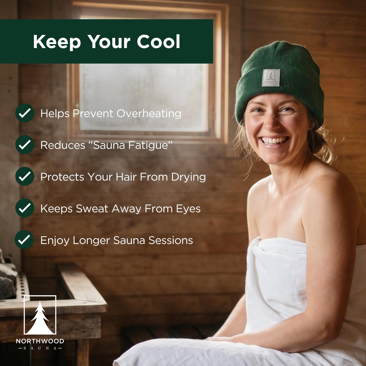 Northwood Sauna beanie worn on head demonstrating secure fit and protection