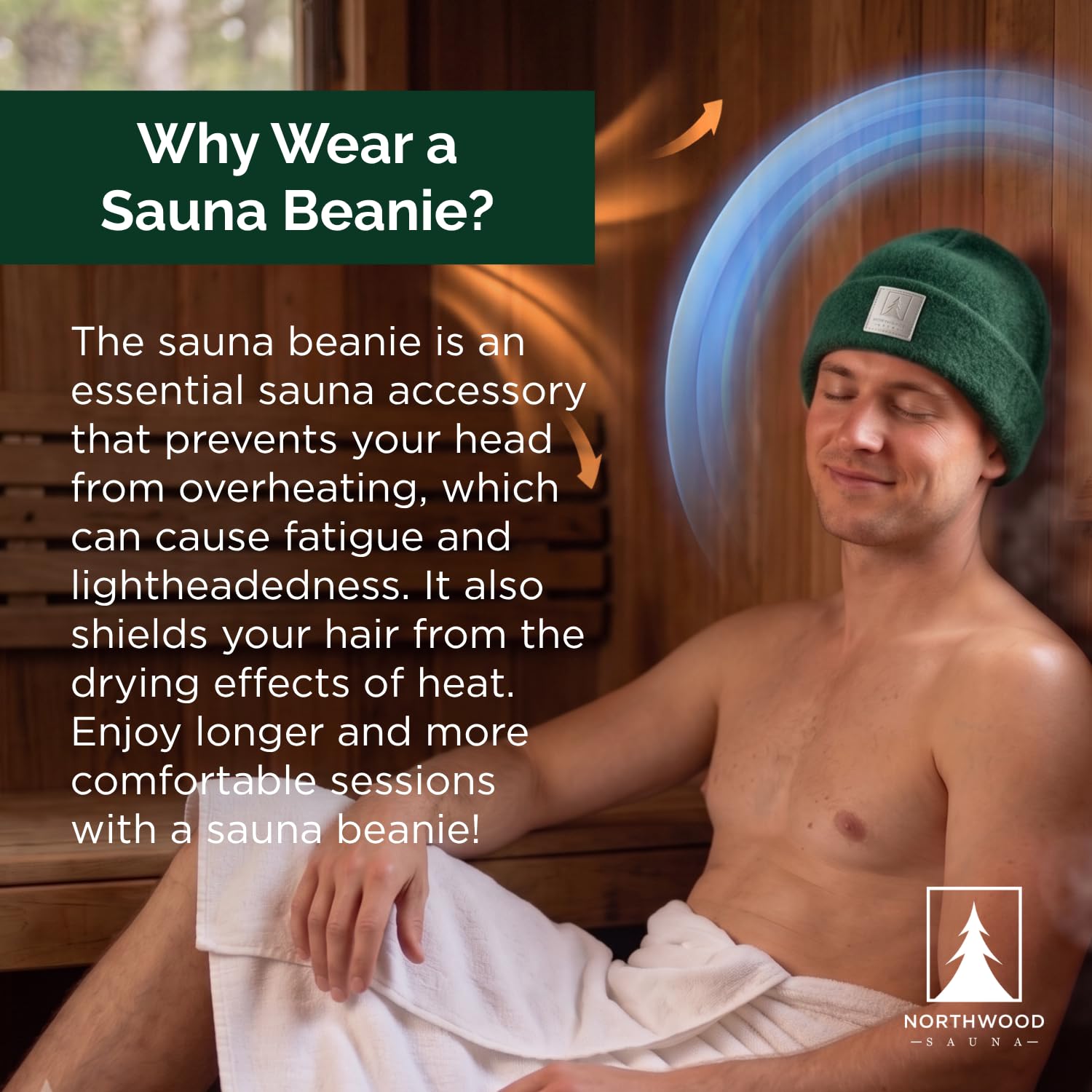 Northwood Sauna beanie next to hand showing one-size scale and portability