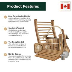 Northwood Sauna bucket and ladle close-up showing cedar grain and easy pouring benefit