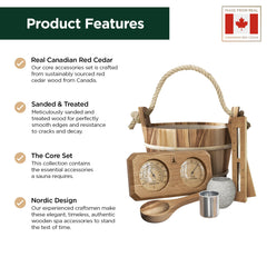 Northwood Sauna cedar bucket and ladle close-up highlighting solid wood and ergonomic handle