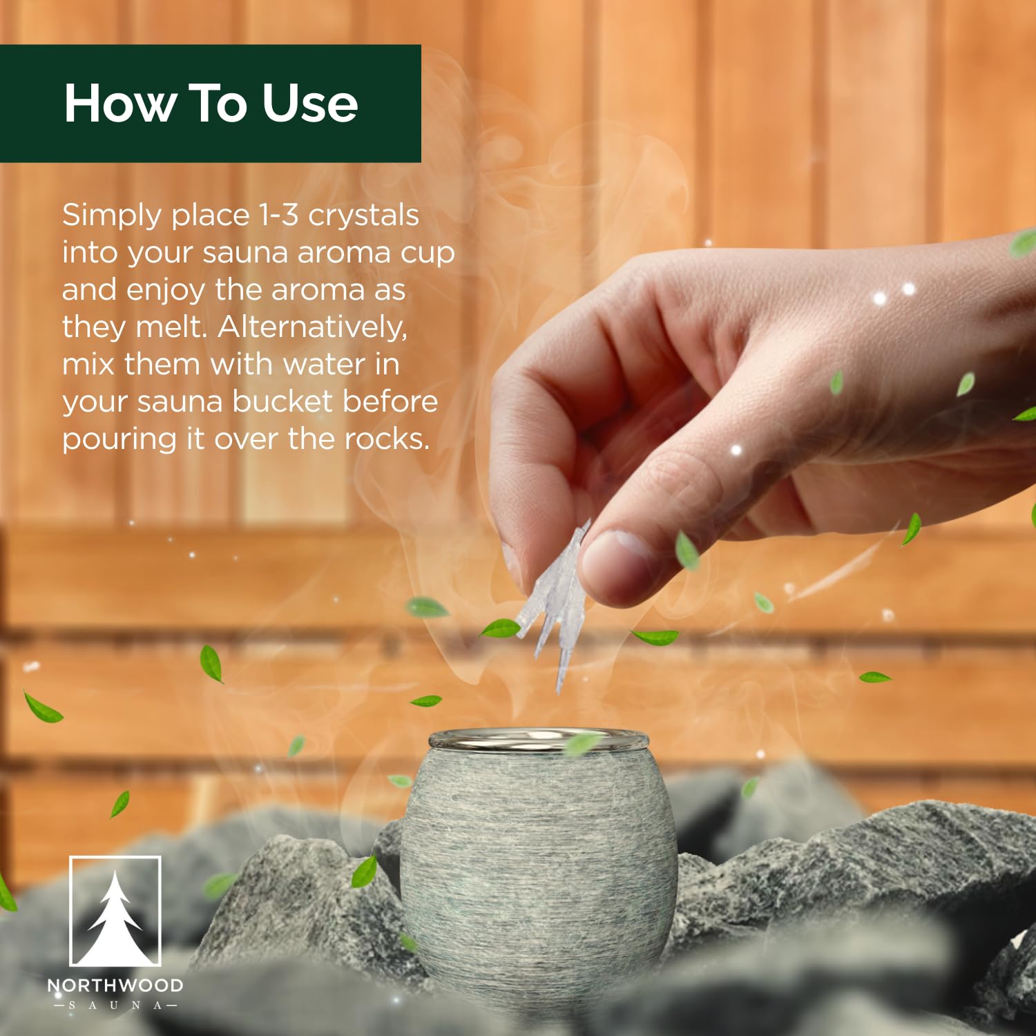 Northwood Sauna crystals placed in sauna aroma cup demonstrating simple, controlled use