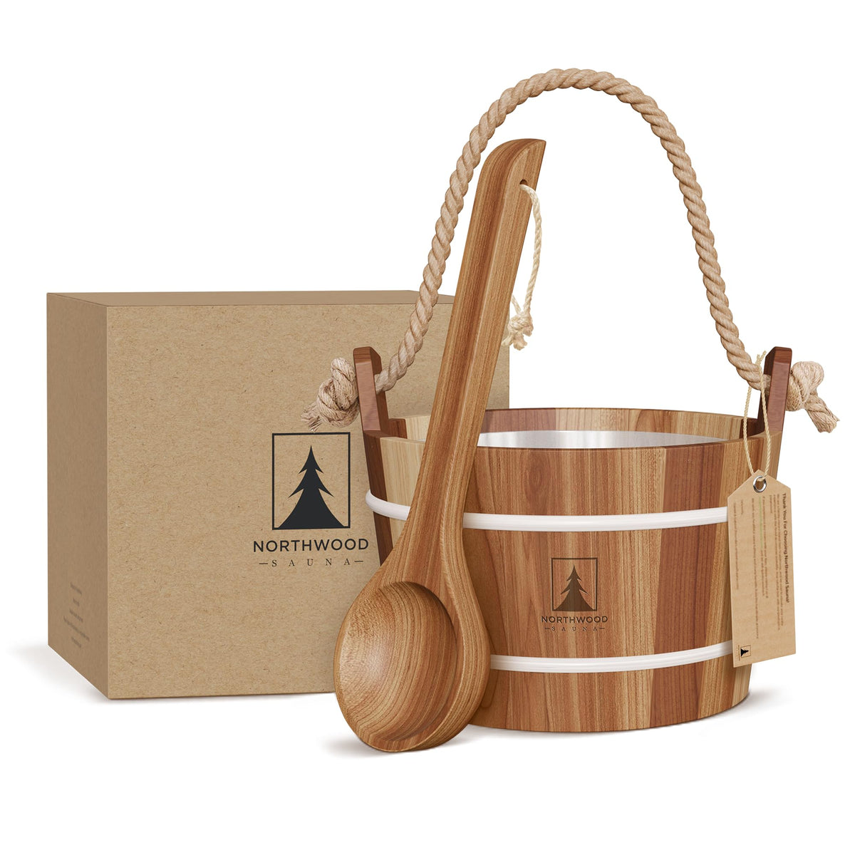 Northwood Sauna front packaging showing the cedar bucket set and gift-ready box