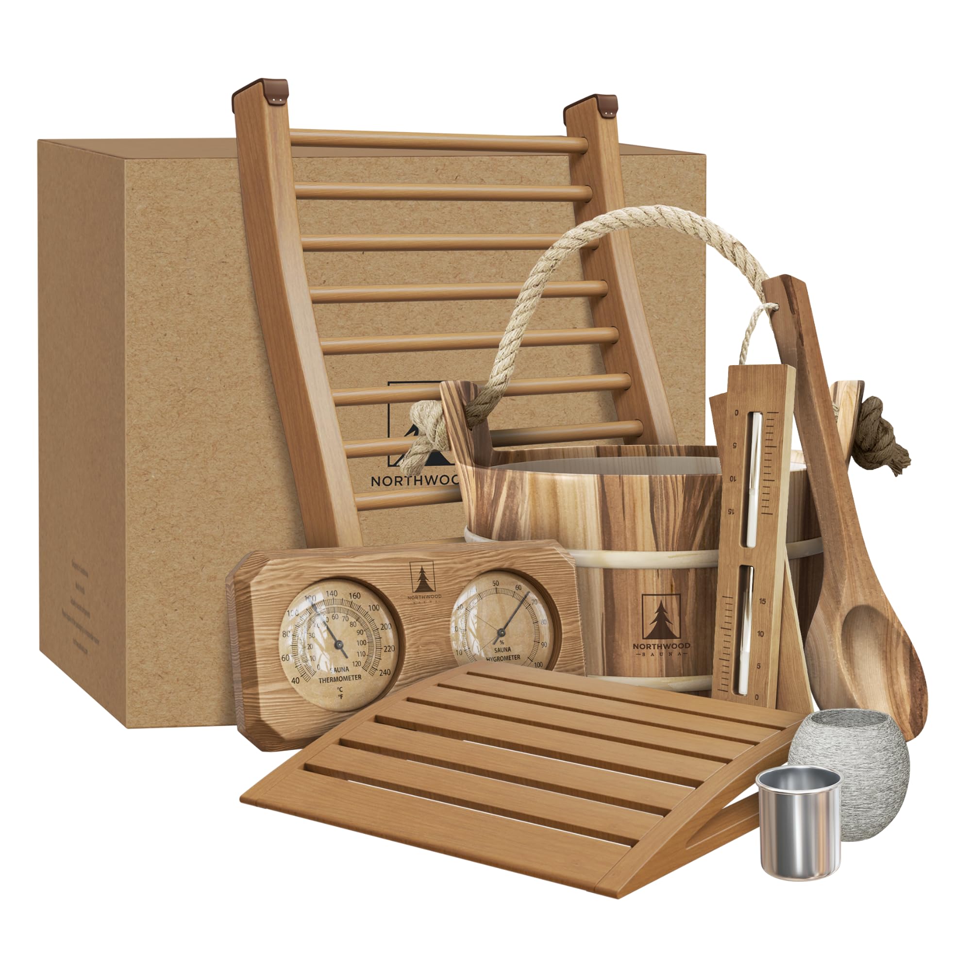 Northwood Sauna front packaging showing complete cedar accessories kit benefit: gift-ready