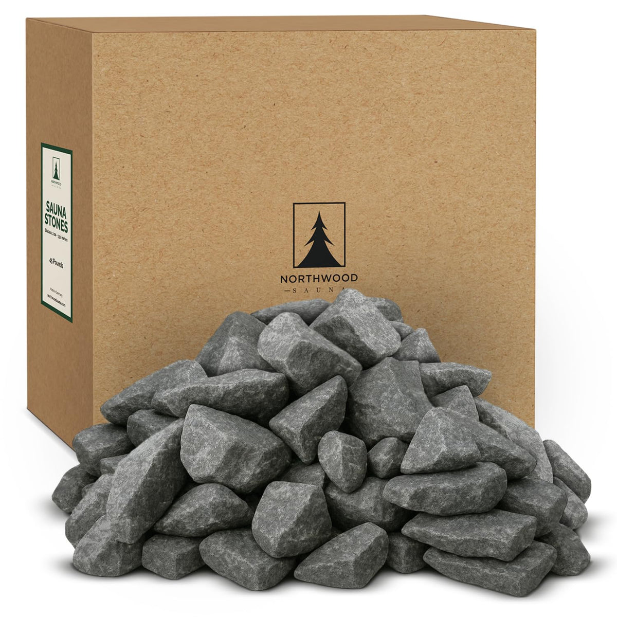 Northwood Sauna front packaging showing 45 lb bag and product clarity benefits