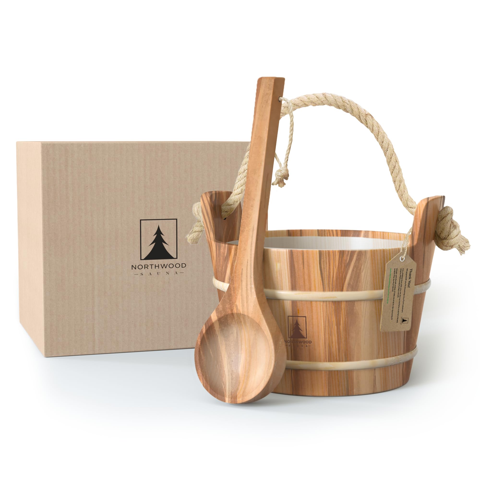 Northwood Sauna bucket and ladle front view showing cedar finish and rope handle benefit