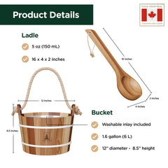 Northwood Sauna ladle resting in bucket to show scoop size and pouring comfort