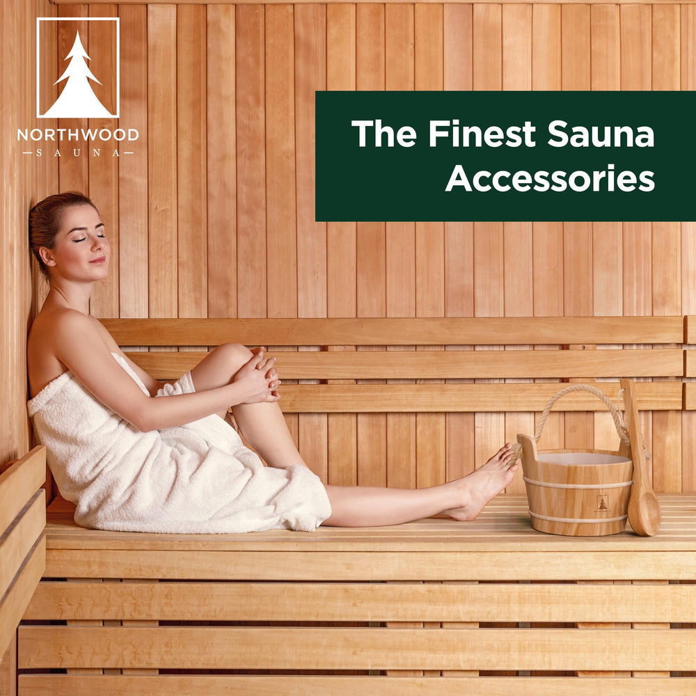 Northwood Sauna kit staged on sauna bench demonstrating natural cedar aesthetic and calm