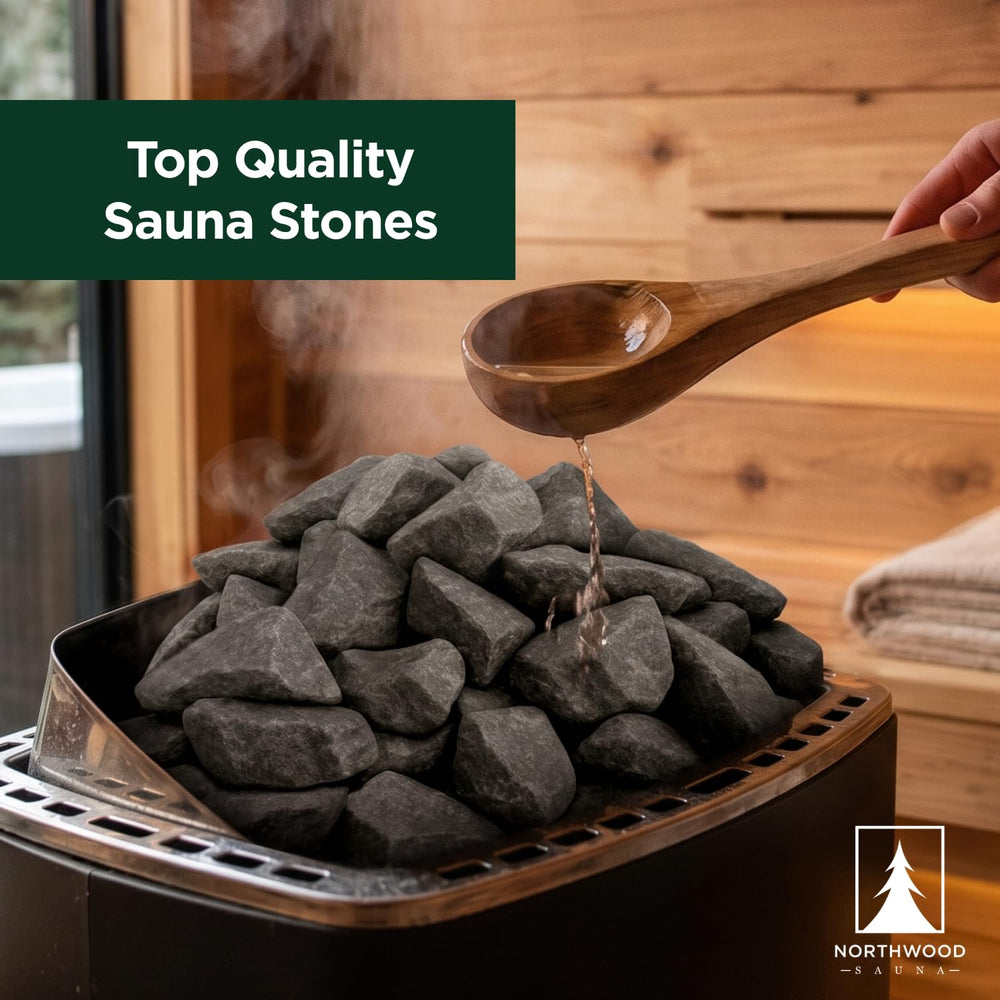 Northwood Sauna stones in a traditional sauna setting conveying authentic bathing experience