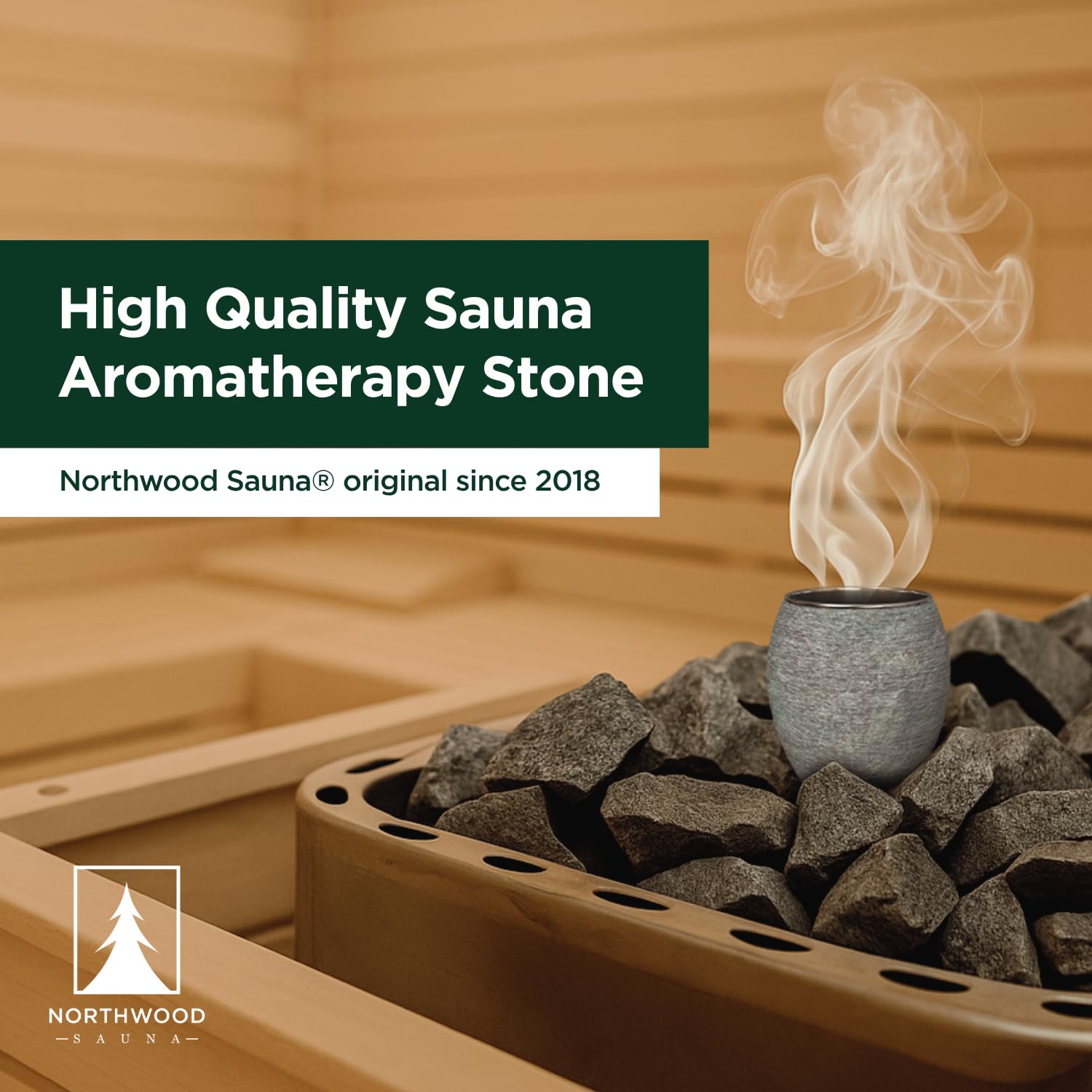 Northwood Sauna stone cup shown in a spa-style sauna setting, adds Nordic aesthetic and scent