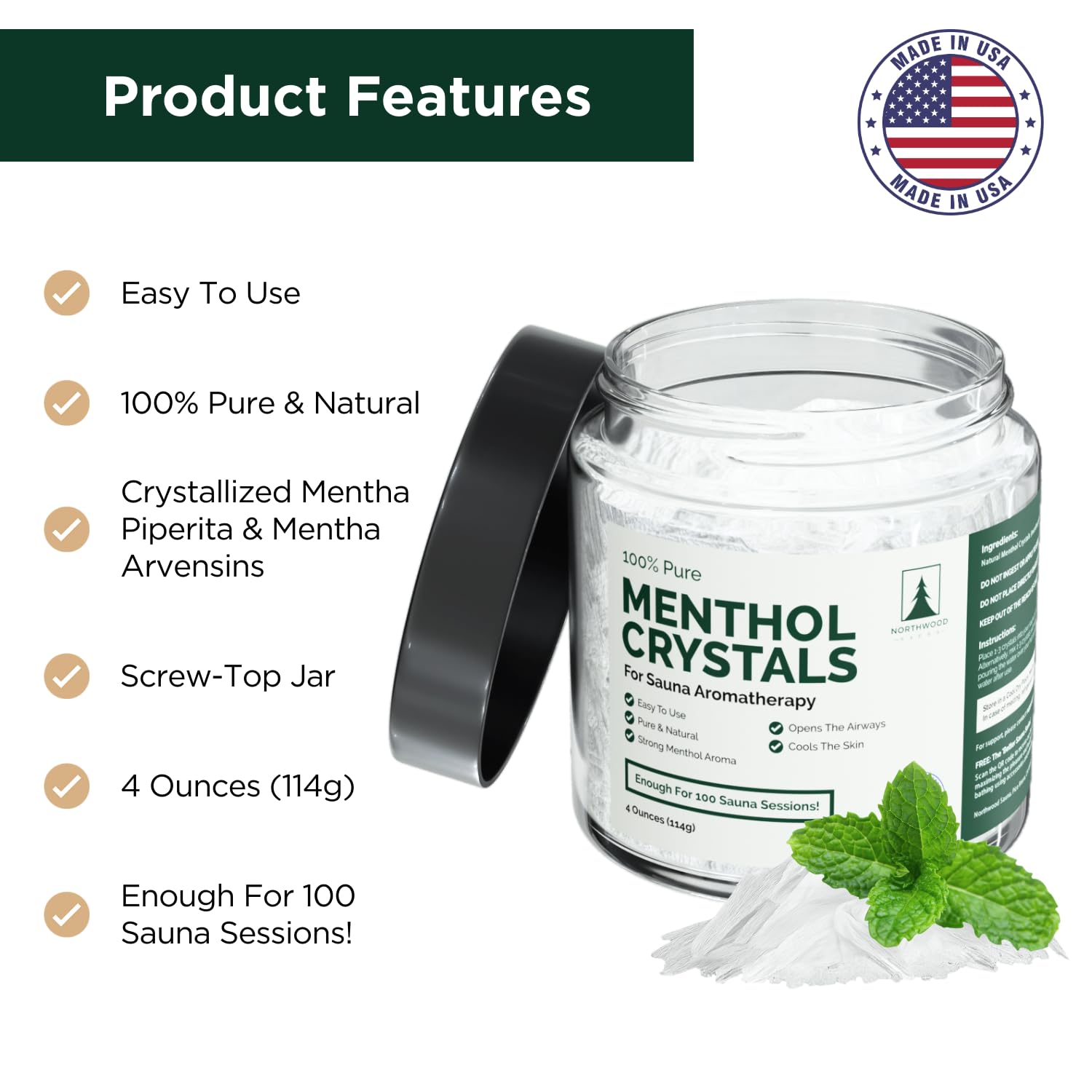 Northwood Sauna open jar top-down view revealing pure menthol crystals and potency