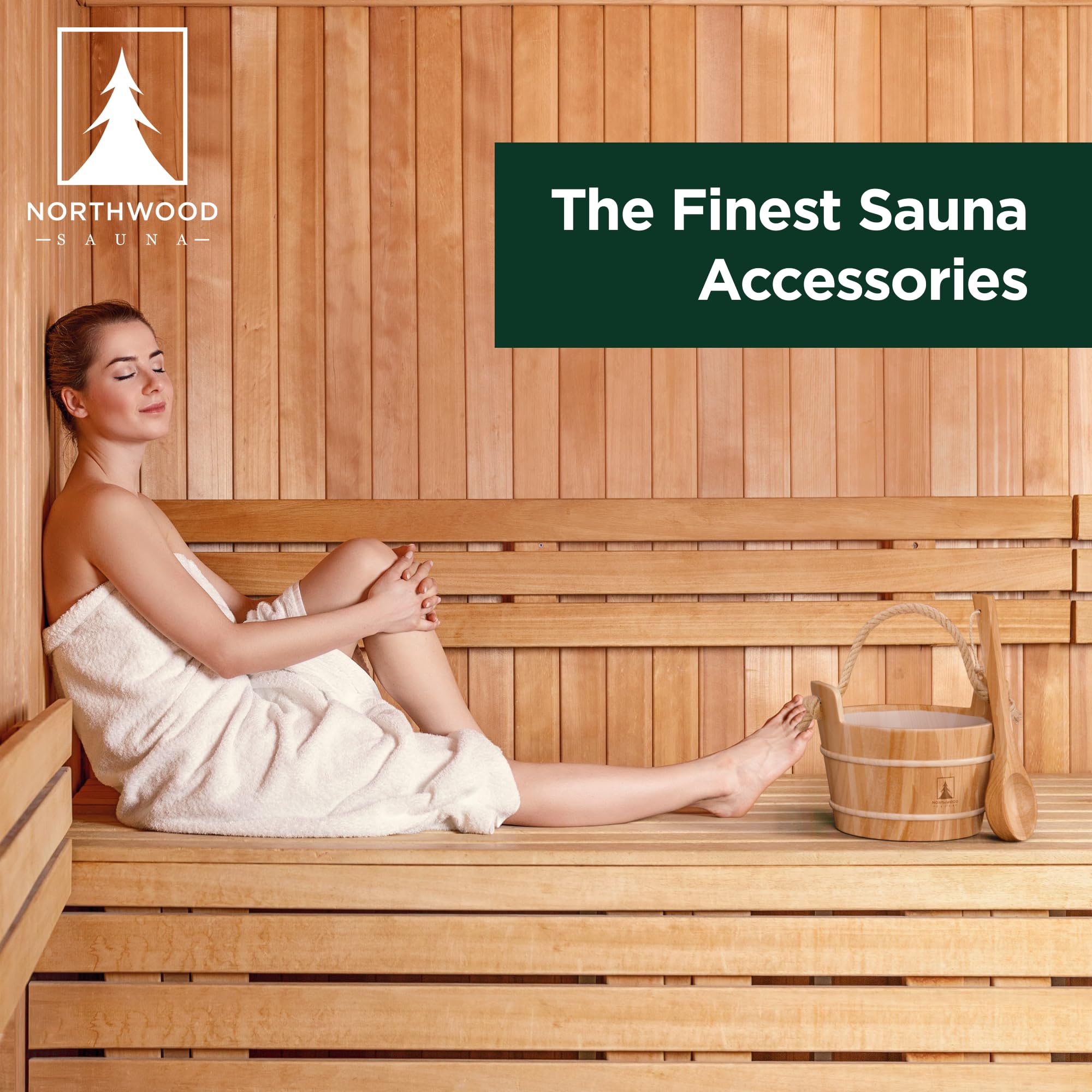 Northwood Sauna bucket beside a hand for scale showing compact, practical capacity benefit