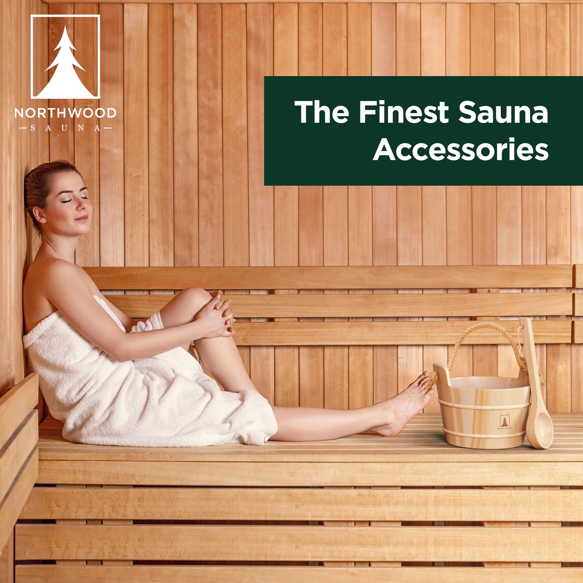 Northwood Sauna bucket beside water bottle showing 1-gallon capacity for session planning