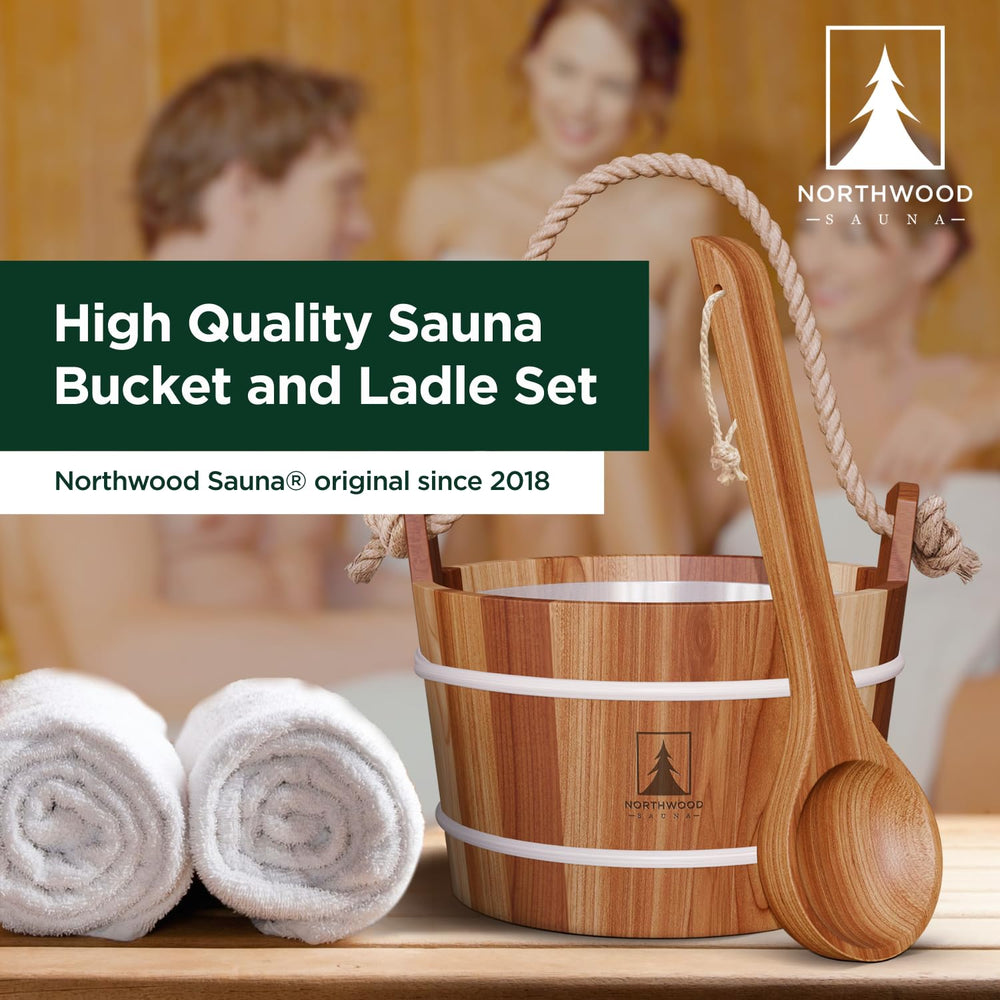 Northwood Sauna bucket held in hand to illustrate 1.6 gallon capacity scale