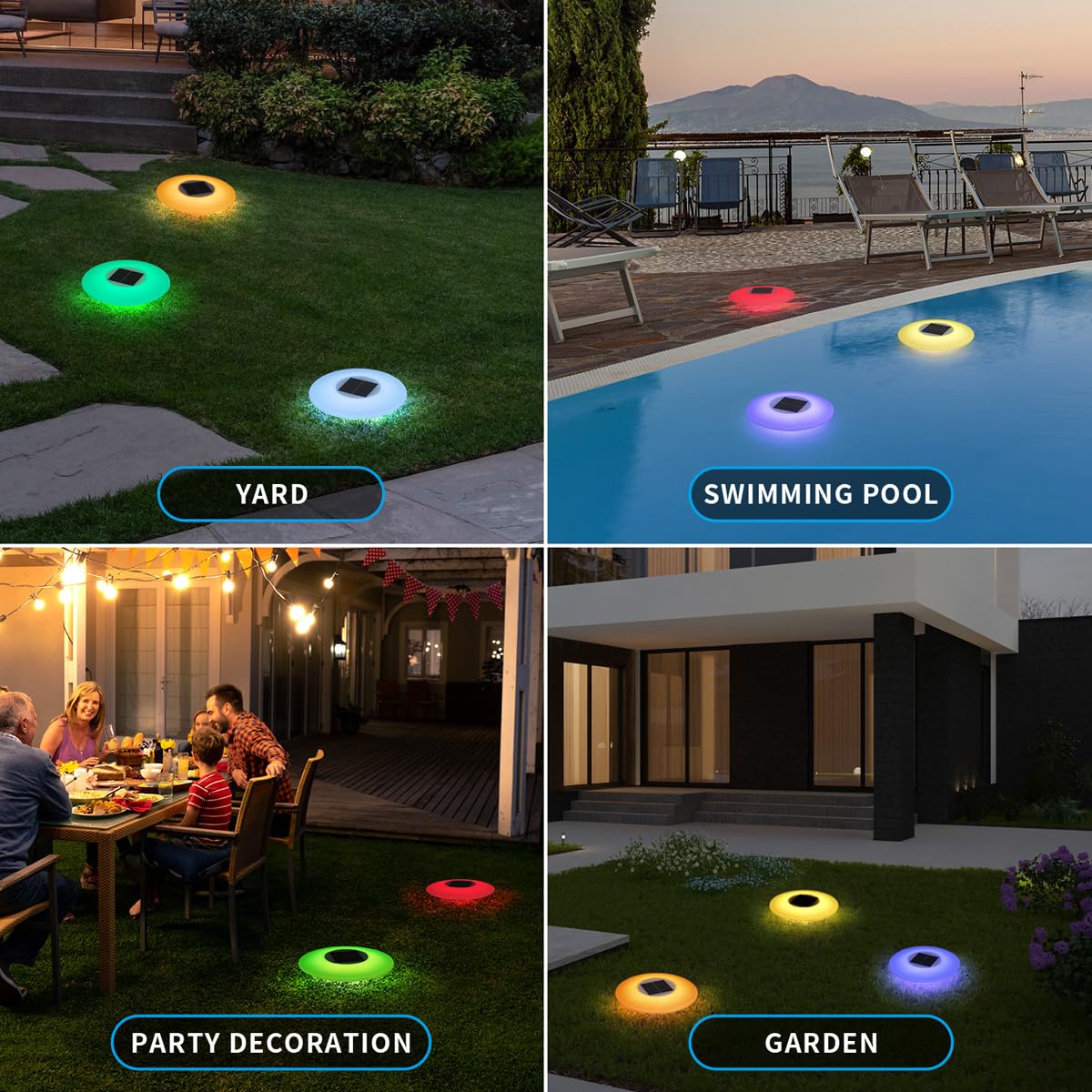 NORTTA floating lights around patio fountain enhancing outdoor mood