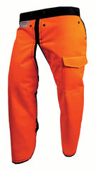 Notch front view of orange apron chaps showing full frontal protection benefit