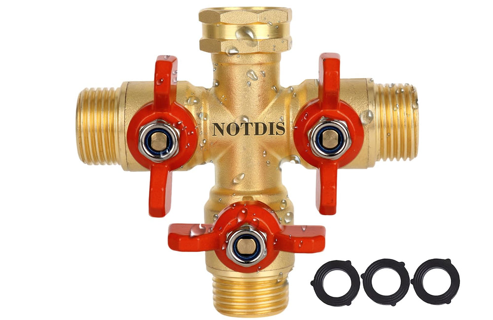 NOTDIS three-way splitter front view showing sturdy brass body and ports, durable performance