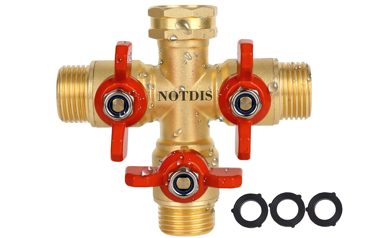 NOTDIS three-way splitter front view showing sturdy brass body and ports, durable performance