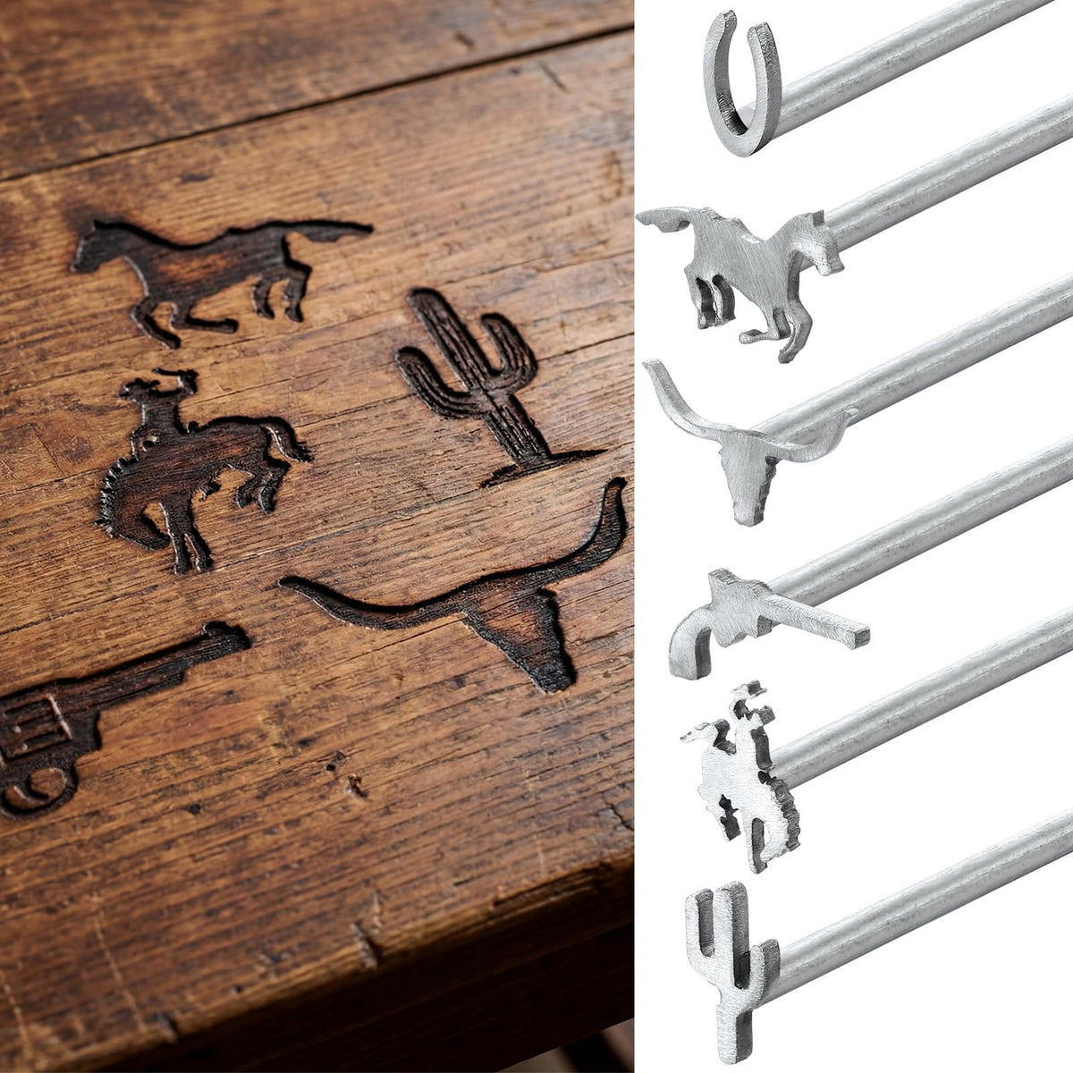 Novabright front packaging with six mini western branding irons, clear kit benefit