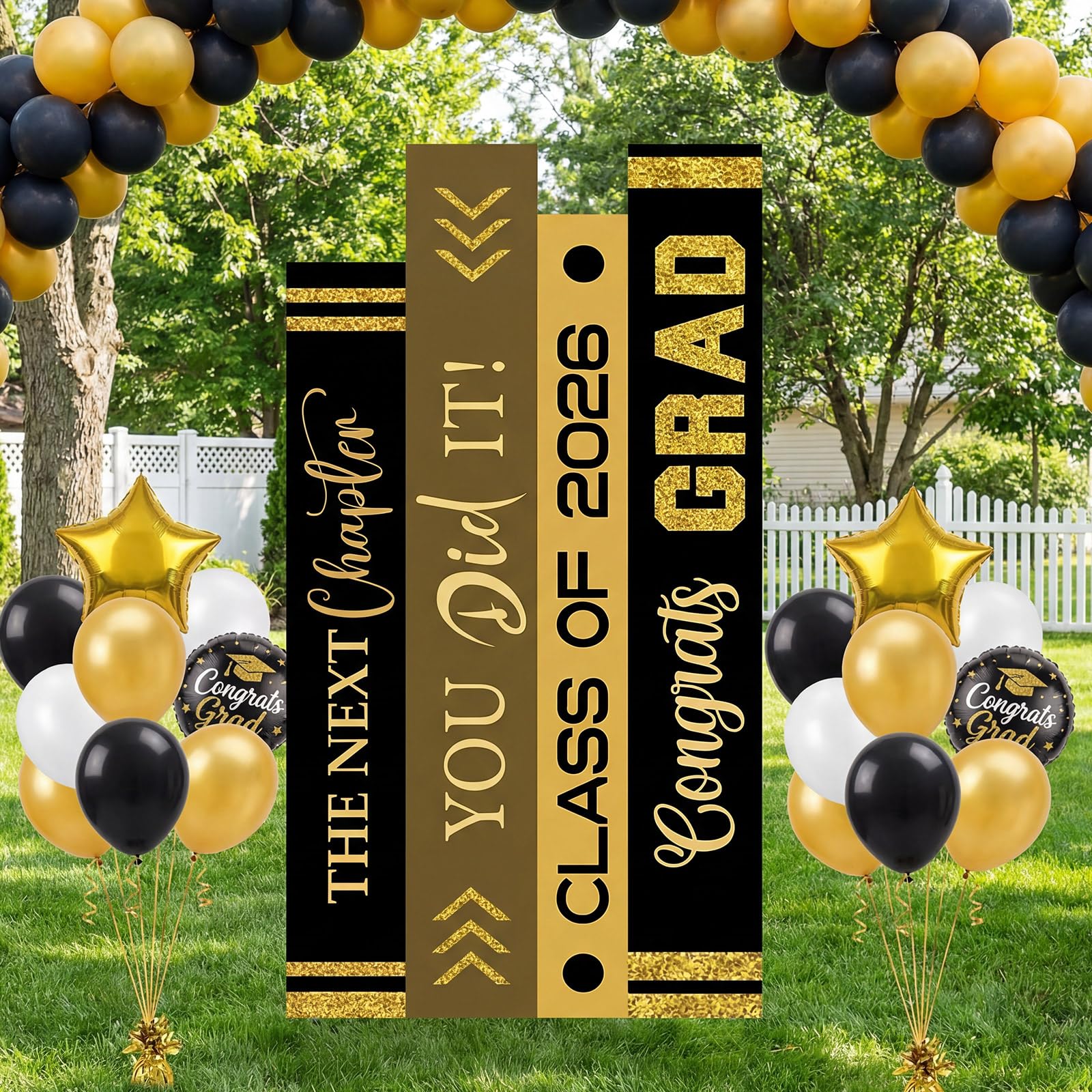 Novabright front view of book-shaped graduation sign showing bold black gold design for impact