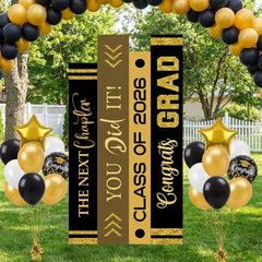 Novabright front view of book-shaped graduation sign showing bold black gold design for impact
