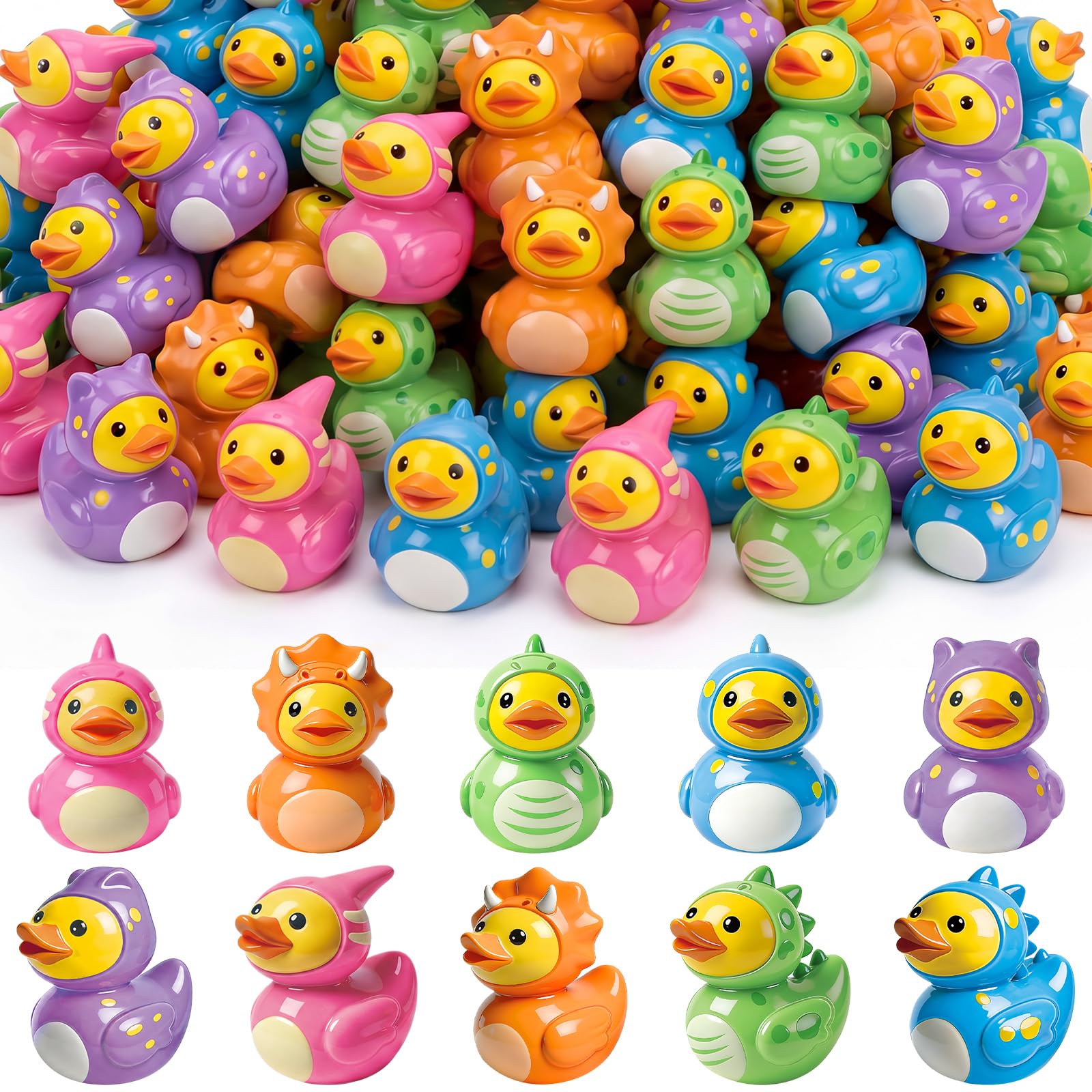 Novabright front packaging showing 100 colorful dinosaur duck figurines, ideal for parties
